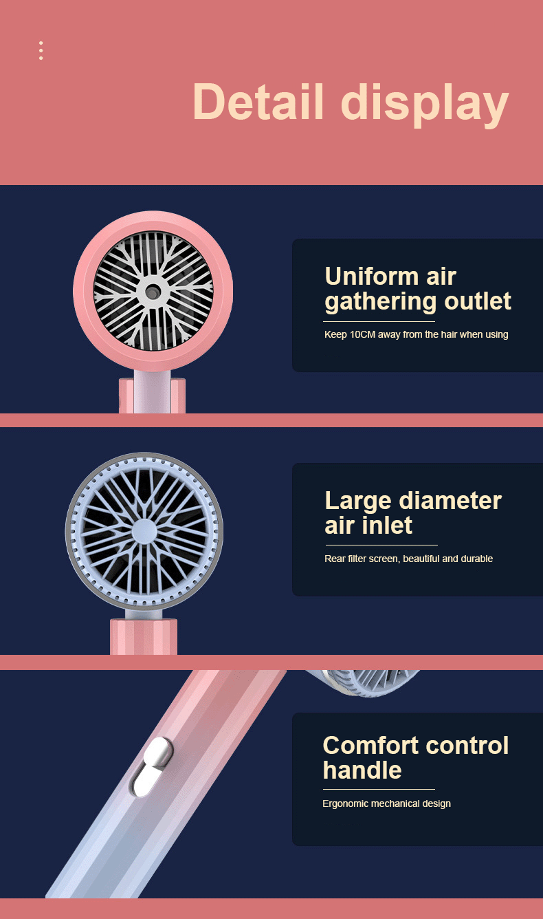 Detail display:Uniform air gathering outlet, Keep 10CM away trom the nair when using; Large diameter air inlet, Rear filter screen, beautiful and durable; Comfort control handle,Ergonomic mechanical design.