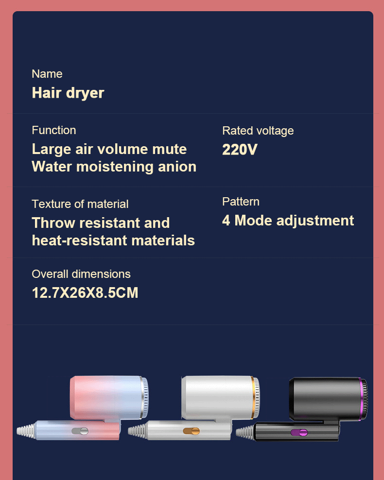 Hair dryer,Large air volume mute, Water moistening anion, Throw resistant and heat-resistant materials, 220V, 4 Mode adjustment.